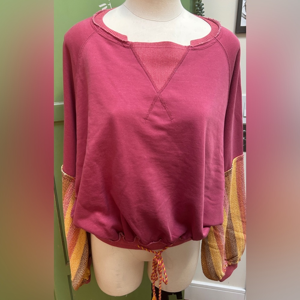 We The Free lightweight terry sweatshirt drawstring waist,contrast sleeves NWOT